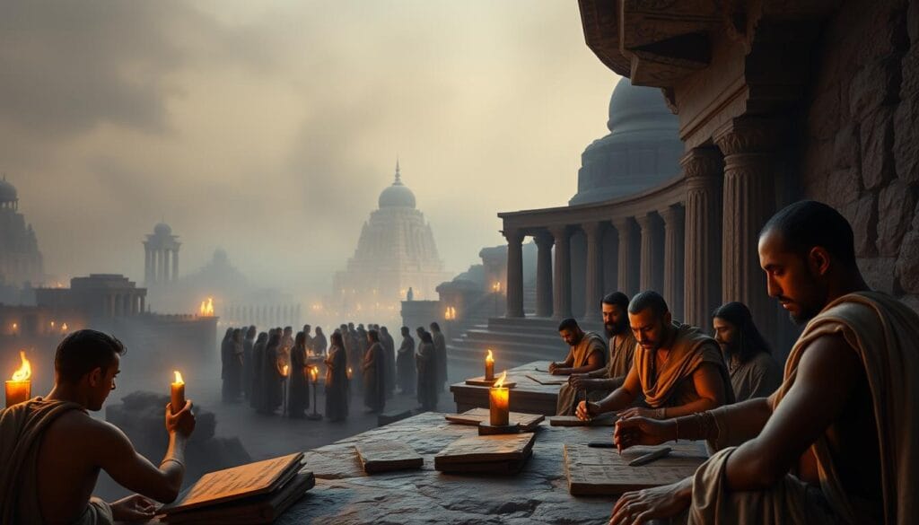 A sweeping panorama of ancient civilizations, where the revolutionary concept of the zero takes root. In the foreground, scribes carefully record mathematical breakthroughs on clay tablets, their faces illuminated by the warm glow of flickering torchlight. In the middle ground, scholars gather in intimate circles, deep in contemplation, tracing the origins of this transformative numeral. The background fades into hazy silhouettes of towering monuments, their intricate geometries a testament to the advancements spurred by the zero's introduction. Soft, diffused lighting casts a reverent atmosphere, evoking the sense of a pivotal moment in the history of mathematics. A sweeping panorama of ancient civilizations, where the revolutionary concept of the zero takes root. In the foreground, scribes carefully record mathematical breakthroughs on clay tablets, their faces illuminated by the warm glow of flickering torchlight. In the middle ground, scholars gather in intimate circles, deep in contemplation, tracing the origins of this transformative numeral. The background fades into hazy silhouettes of towering monuments, their intricate geometries a testament to the advancements spurred by the zero's introduction. Soft, diffused lighting casts a reverent atmosphere, evoking the sense of a pivotal moment in the history of mathematics.