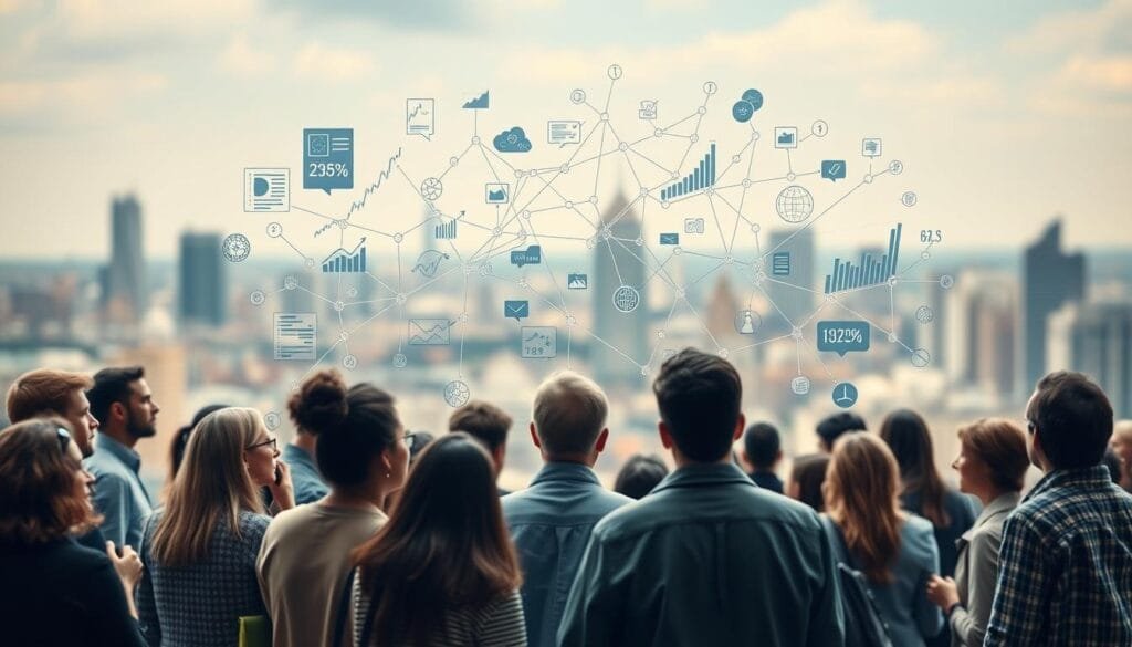 A thought-provoking scene depicting the challenges of implementing a Universal Basic Income (UBI) model. In the foreground, a diverse group of people engaged in lively discussion, representing the varied perspectives and concerns surrounding UBI. In the middle ground, a network of interconnected data visualizations and financial charts, symbolizing the complex economic and political considerations. In the background, a blurred cityscape, conveying the broader societal context in which these debates take place. The lighting is soft and diffused, creating an atmosphere of contemplation and nuance. The overall mood is one of thoughtful exploration, as the viewer is invited to consider the multifaceted nature of this important social and economic issue.