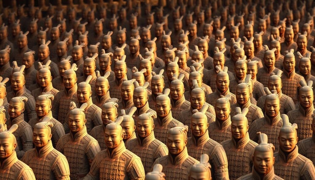 A tightly-packed formation of terra cotta warriors, their stoic expressions etched in intricate detail. Rows of soldiers stand shoulder-to-shoulder, adorned in meticulously crafted armor and gripping their weapons with unwavering resolve. The scene is bathed in warm, natural lighting, as if captured in the gentle glow of an ancient Chinese dawn. The warriors' disciplined poses and uniform arrangement convey a sense of military precision and strategic organization, hinting at the sheer scale and meticulous planning behind the Terracotta Army. The overall atmosphere is one of solemn grandeur, befitting the majesty and historical significance of this legendary military formation. A tightly-packed formation of terra cotta warriors, their stoic expressions etched in intricate detail. Rows of soldiers stand shoulder-to-shoulder, adorned in meticulously crafted armor and gripping their weapons with unwavering resolve. The scene is bathed in warm, natural lighting, as if captured in the gentle glow of an ancient Chinese dawn. The warriors' disciplined poses and uniform arrangement convey a sense of military precision and strategic organization, hinting at the sheer scale and meticulous planning behind the Terracotta Army. The overall atmosphere is one of solemn grandeur, befitting the majesty and historical significance of this legendary military formation.