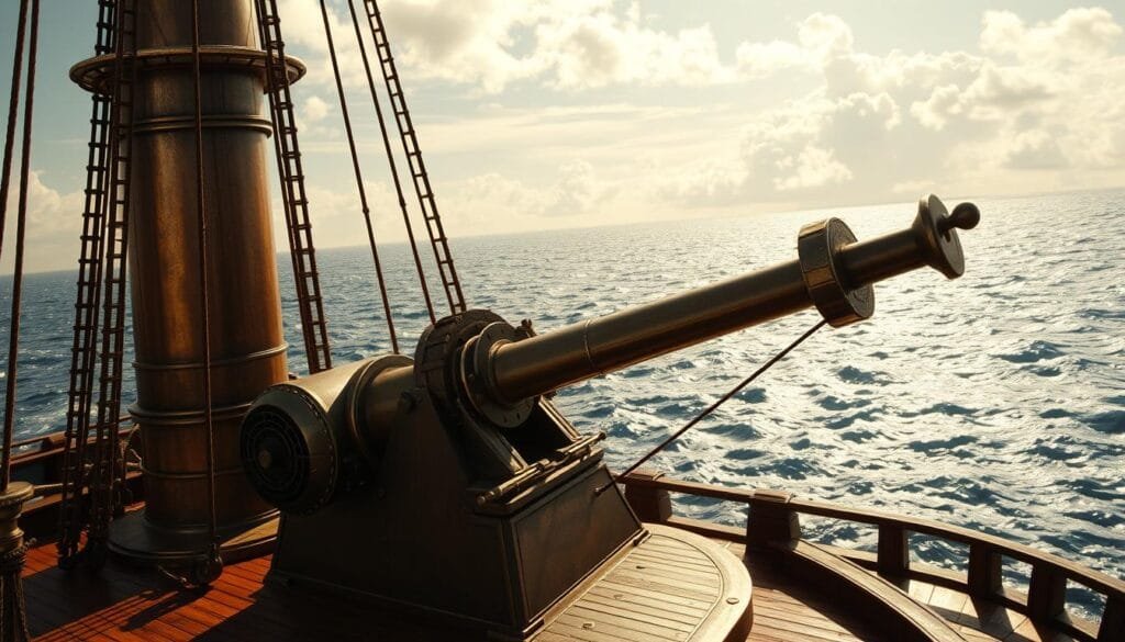 A towering Byzantine naval projection system stands resolute on the deck of an ancient warship, its intricate mechanisms ready to unleash the devastating power of Greek fire. The sun glints off the polished bronze and burnished steel, casting an ominous glow over the scene. In the background, a turbulent sea churns, hinting at the chaotic battles to come. The commanding silhouette of the projection system dominates the composition, its angular design a testament to the engineering prowess of the Byzantine Empire. Wispy clouds drift overhead, adding to the sense of impending conflict. The overall atmosphere is one of strategic might and technological superiority, foreshadowing the decisive role this weapon would play in the naval engagements of the era. A towering Byzantine naval projection system stands resolute on the deck of an ancient warship, its intricate mechanisms ready to unleash the devastating power of Greek fire. The sun glints off the polished bronze and burnished steel, casting an ominous glow over the scene. In the background, a turbulent sea churns, hinting at the chaotic battles to come. The commanding silhouette of the projection system dominates the composition, its angular design a testament to the engineering prowess of the Byzantine Empire. Wispy clouds drift overhead, adding to the sense of impending conflict. The overall atmosphere is one of strategic might and technological superiority, foreshadowing the decisive role this weapon would play in the naval engagements of the era.