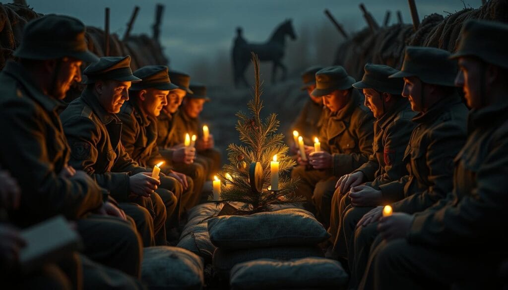 A tranquil Christmas scene in the World War I trenches. Soldiers from both the British and German sides gather, exchanging gifts and sharing in a moment of shared humanity. The flickering candlelight casts a warm, golden glow over the weathered faces and uniform-clad figures. In the middle ground, a small Christmas tree stands amidst the sandbags and barbed wire, a symbol of hope and peace. The background fades into the soft blur of the night sky, hinting at the dangerous realities just beyond this temporary respite from conflict. The composition is balanced, with the soldiers occupying the foreground and middle layers, allowing the viewer to fully immerse themselves in this rare moment of camaraderie between adversaries.