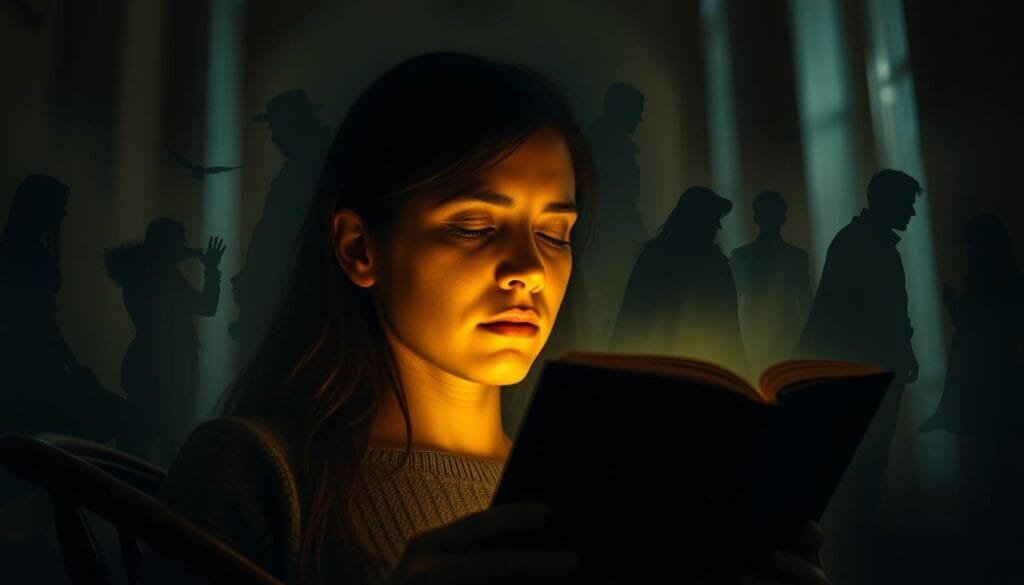 A tranquil indoor scene with a person reading a book, their face illuminated by soft, warm lighting. Their eyes are closed, lost in deep contemplation as their thoughts intertwine with the literary characters on the pages. Surrounding them, ghostly silhouettes of the book's protagonists emerge, their forms blending with the reader's mental landscape. The atmosphere is introspective, emotive, and heavily textured, evoking a sense of profound connection between the reader and the literary work. The composition emphasizes the intimacy of the moment, drawing the viewer into the reader's personal, emotional journey.