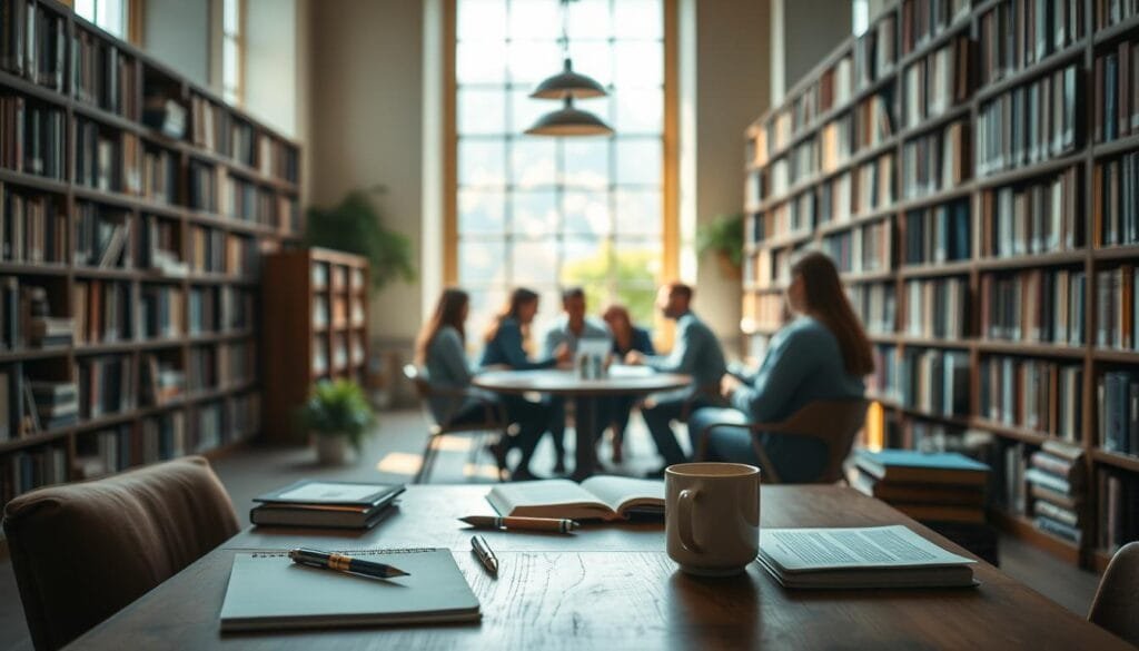 A tranquil library scene, with bookshelves lining the walls and a cozy reading nook in the foreground. Filtered natural light streams in through tall windows, casting a warm glow on the space. On a wooden table, an assortment of notebooks, pens, and a cup of coffee sit, hinting at creative writing pursuits. In the middle ground, a group of people gathered around a table, engaged in a lively literary discussion, their faces alight with inspiration. The background is softly blurred, emphasizing the intimate, focused atmosphere of the creative writing workshop. The overall mood is one of intellectual curiosity, artistic expression, and the joy of the written word.