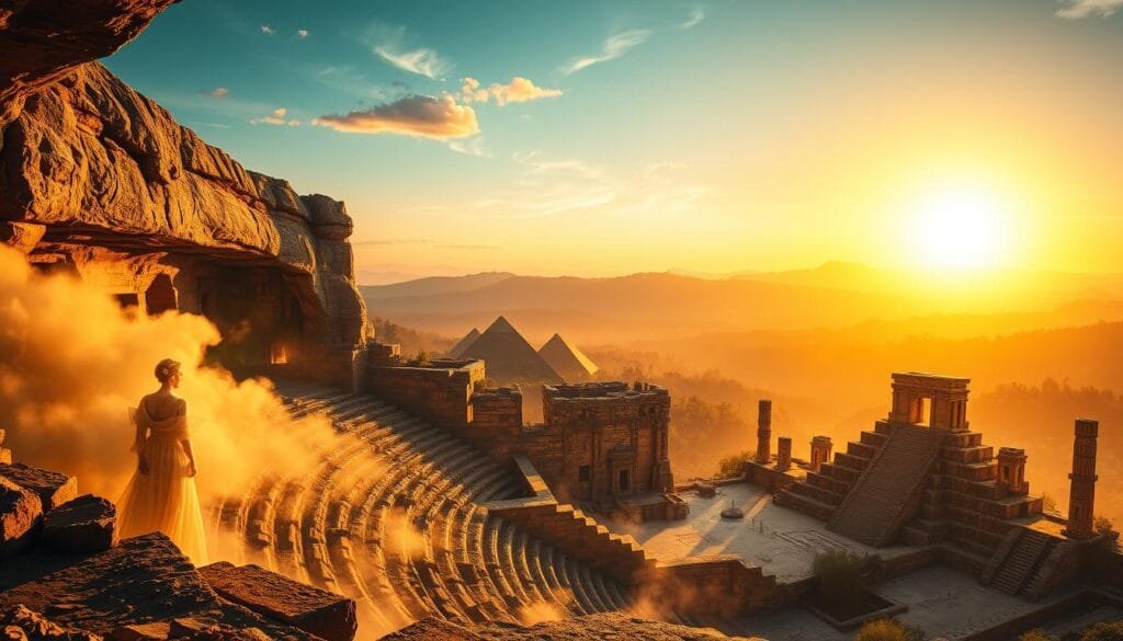 A vast, ancient amphitheater carved into a rocky mountainside, illuminated by a warm, golden sunset. In the foreground, ethereal figures emerge from swirling mists, their faces and bodies reflecting the otherworldly nature of dreams. Intricate hieroglyphic patterns adorn the stone walls, hinting at the mystic knowledge of long-forgotten civilizations. The middle ground is dotted with the crumbling ruins of towering, pyramidal structures, their weathered facades echoing the passage of time. In the distant background, a rolling landscape of jagged peaks and dense forests, shrouded in a veil of mysticism. The entire scene conveys a sense of timeless wonder and the deep, abiding mysteries of the human mind and its connection to the ancient, unseen realms.