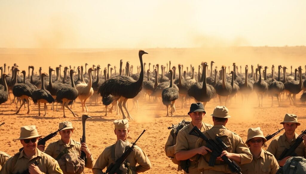A vast, arid Australian landscape, the horizon hazy with dust. In the foreground, a ragtag battalion of soldiers in khaki uniforms, rifles at the ready, staring down a horde of towering, unperturbed emus. Tactical formations are hastily organized, officers barking orders, but the birds remain unfazed, their beady eyes glinting with an almost defiant intelligence. The scene is bathed in harsh, golden sunlight, the tension palpable as the two forces square off, a clash of man and nature, technology and instinct. The soldiers' expressions range from determined to bewildered, their strategies seemingly futile against the uncanny resilience of their feathered adversaries. A vast, arid Australian landscape, the horizon hazy with dust. In the foreground, a ragtag battalion of soldiers in khaki uniforms, rifles at the ready, staring down a horde of towering, unperturbed emus. Tactical formations are hastily organized, officers barking orders, but the birds remain unfazed, their beady eyes glinting with an almost defiant intelligence. The scene is bathed in harsh, golden sunlight, the tension palpable as the two forces square off, a clash of man and nature, technology and instinct. The soldiers' expressions range from determined to bewildered, their strategies seemingly futile against the uncanny resilience of their feathered adversaries.
