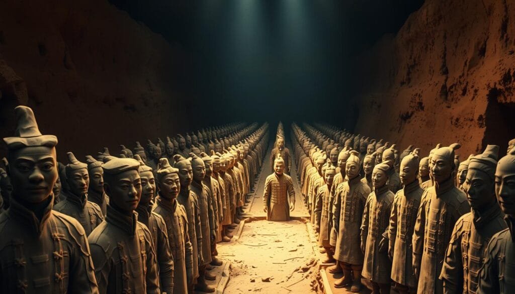 A vast excavation site, dimly lit by warm sunlight filtering through the earth. In the foreground, a cluster of ancient terracotta warriors stand resolute, their intricate, unique facial features etched in clay, a testament to the skilled craftsmanship of their creators. The middle ground reveals rows of these remarkable statues, each one a distinct individual, their expressions and poses conveying a sense of purpose and guardianship. The background fades into the shadowy recesses of the underground chambers, hinting at the vast scale and significance of this remarkable archaeological discovery. The scene exudes a sense of awe and historical significance, capturing the essence of this important find that has unlocked the secrets of the Terracotta Army. A vast excavation site, dimly lit by warm sunlight filtering through the earth. In the foreground, a cluster of ancient terracotta warriors stand resolute, their intricate, unique facial features etched in clay, a testament to the skilled craftsmanship of their creators. The middle ground reveals rows of these remarkable statues, each one a distinct individual, their expressions and poses conveying a sense of purpose and guardianship. The background fades into the shadowy recesses of the underground chambers, hinting at the vast scale and significance of this remarkable archaeological discovery. The scene exudes a sense of awe and historical significance, capturing the essence of this important find that has unlocked the secrets of the Terracotta Army.