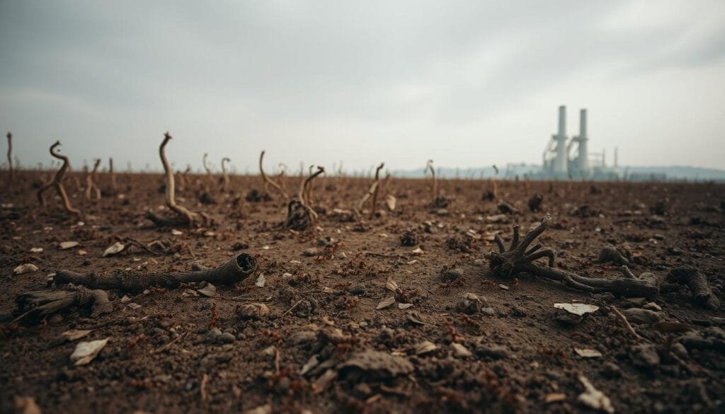 A vast expanse of soil, littered with the remnants of a once-thriving ecosystem. In the foreground, a colony of ants scurries across the desolate landscape, their intricate trails weaving a tapestry of industry against the backdrop of a muted, overcast sky. The ants' movements are frantic, desperate, as they scramble to adapt to the changing environment, their once-bountiful resources depleted. In the middle ground, the twisted, withered husks of once-verdant plants hint at the ecological toll, while in the distance, a hazy silhouette of a towering industrial complex looms, a silent testament to the human impact. The scene evokes a sense of unease, a quiet desperation as the delicate balance of nature hangs in the precarious balance, with the ants as unwitting witnesses to the consequences of unchecked human activity.