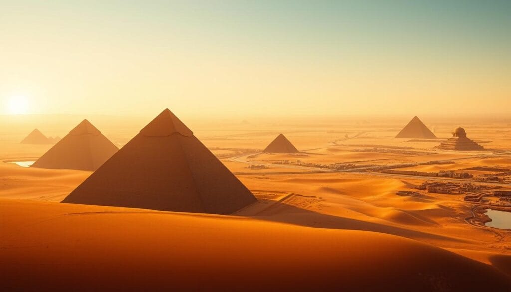A vast expanse of the ancient Egyptian landscape, bathed in warm, golden light. In the foreground, the iconic pyramids of Giza stand tall, their smooth, geometric surfaces reflecting the sun's rays. The middle ground features a serene desert scene, with rolling sand dunes and the Nile River winding through the distance. In the background, the hazy silhouettes of other pyramids and temples dot the horizon, hinting at the rich history and civilization that once thrived in this region. The scene conveys a sense of timeless grandeur and the enduring mystery surrounding the origins and purpose of these ancient structures. A vast expanse of the ancient Egyptian landscape, bathed in warm, golden light. In the foreground, the iconic pyramids of Giza stand tall, their smooth, geometric surfaces reflecting the sun's rays. The middle ground features a serene desert scene, with rolling sand dunes and the Nile River winding through the distance. In the background, the hazy silhouettes of other pyramids and temples dot the horizon, hinting at the rich history and civilization that once thrived in this region. The scene conveys a sense of timeless grandeur and the enduring mystery surrounding the origins and purpose of these ancient structures.