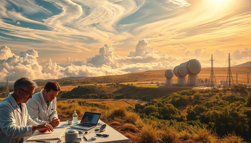A vast landscape unfolds, showcasing the intricate dance between theory and practice in climate modification. In the foreground, a team of scientists pore over data and models, their expressions intense as they contemplate the potential of their innovations. In the middle ground, state-of-the-art climate control technologies stand tall, their sleek designs and flashing lights hinting at the power they wield. The background reveals a breathtaking vista, where the sky is painted with swirling clouds and the earth is dotted with lush greenery, a testament to the delicate balance of our climate. Warm, golden sunlight bathes the entire scene, imbuing it with a sense of hope and possibility. This image captures the essence of the journey from theoretical concepts to practical applications in the quest to control the climate. Prompt A vast landscape unfolds, showcasing the intricate dance between theory and practice in climate modification. In the foreground, a team of scientists pore over data and models, their expressions intense as they contemplate the potential of their innovations. In the middle ground, state-of-the-art climate control technologies stand tall, their sleek designs and flashing lights hinting at the power they wield. The background reveals a breathtaking vista, where the sky is painted with swirling clouds and the earth is dotted with lush greenery, a testament to the delicate balance of our climate. Warm, golden sunlight bathes the entire scene, imbuing it with a sense of hope and possibility. This image captures the essence of the journey from theoretical concepts to practical applications in the quest to control the climate. Prompt
