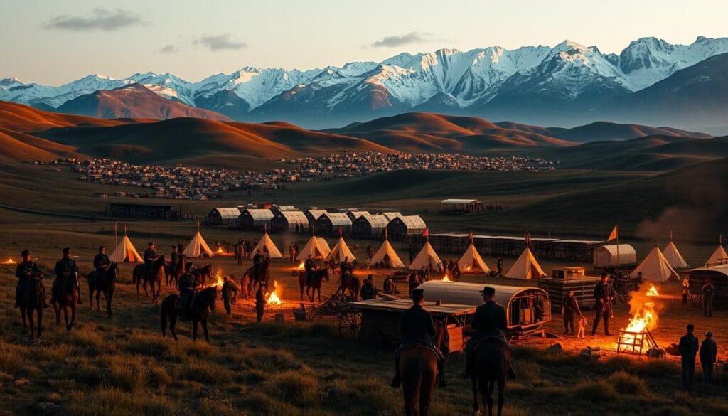 A vast military encampment nestled in the rolling hills of Chile, illuminated by the golden glow of campfires. In the foreground, generals in crisp uniforms pore over battle maps, their faces etched with determination. Cavalrymen on majestic steeds patrol the periphery, ever vigilant. The middle ground reveals rows of tents and supply wagons, a hive of activity as soldiers prepare for the coming conflict. In the distance, the imposing silhouettes of snow-capped Andean peaks loom, casting long shadows across the scene. A palpable tension fills the air, as the Chilean military strategists, led by the legendary O'Higgins and Carrera, finalize their decisive plans.