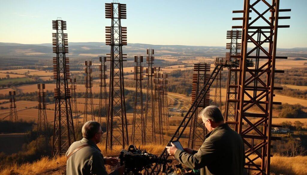 A vast, sprawling network of tall, wooden towers stretching across the French countryside, their semaphore arms swinging in a rhythmic dance, communicating messages with blinding speed. The warm, golden light of the sun casts dramatic shadows, highlighting the intricate mechanics and engineering feats that powered this pre-digital "internet" of the 18th century. In the foreground, a team of technicians carefully calibrate the signaling equipment, their faces etched with concentration as they ensure the seamless flow of information across this expansive optical telegraph system. The background reveals a bucolic landscape, rolling hills dotted with villages and forests, a testament to the ambitious scale and integration of this revolutionary communication network within the fabric of the nation.