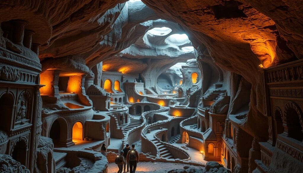 A vast, sprawling subterranean city carved into the volcanic rock of Cappadocia, Turkey. Intricate, maze-like passageways winding through towering cavernous spaces, lit by a warm, ambient glow from natural skylights. Ornate archways, columns, and bas-relief carvings adorn the weathered stone walls, hinting at the rich history and advanced civilization that once thrived underground. In the foreground, a small group of explorers navigate the ancient labyrinth, their headlamps casting long shadows. The middle ground reveals the scale and complexity of the subterranean metropolis, while the background fades into mysterious, uncharted depths. A sense of wonder, discovery, and the unknown permeates the scene.
