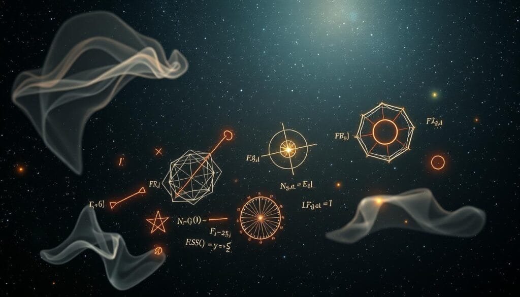 A vast, starry night sky serves as the backdrop, with ethereal, translucent shapes swirling and drifting like dreams. In the foreground, a series of scientific diagrams and formulas float in midair, their lines and equations glowing with an otherworldly luminescence. The diagrams appear to be a blend of theoretical physics, neuroscience, and cosmology, hinting at the interconnectedness of the physical world and the workings of the human mind. The lighting is soft and diffuse, creating a sense of mystery and wonder. The overall atmosphere is one of exploration, discovery, and the blurring of the boundaries between reality and the realm of the subconscious.
