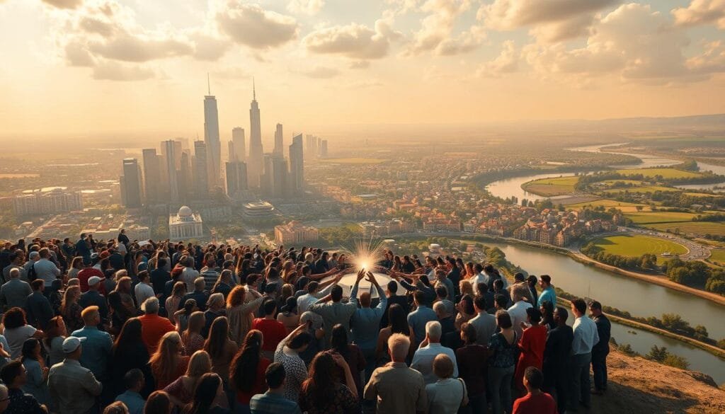 A vast, sweeping landscape with a vibrant, egalitarian vision. In the foreground, a diverse crowd of people, their hands clasped together in a gesture of unity, standing in a circle around a glowing, radiant energy source. The middle ground features a striking contrast, with towering skyscrapers and lavish mansions gradually dissolving into a harmonious blend of modest, sustainable dwellings. The background showcases a lush, verdant setting, with rolling hills and a tranquil river reflecting the sky's warm, golden hues. The scene exudes a sense of balance, harmony, and a profound shift in the traditional economic paradigm, where wealth is evenly distributed, and the concept of "work" has been redefined by the transformative power of automation.