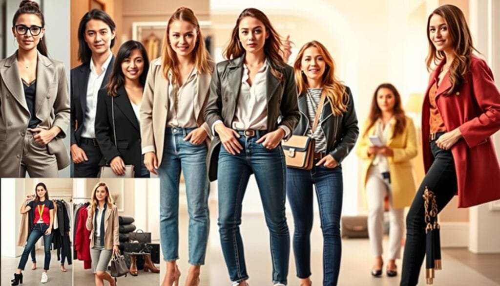 A vibrant collage of fashion tips and style transformations. In the foreground, a diverse group of individuals showcasing different looks - sleek and sophisticated, casual and comfortable, bold and daring. The middle ground features an array of wardrobe essentials, accessories, and beauty products, hinting at the power of small changes. The background is a soft, blurred canvas of warm, inviting colors, creating a sense of inspiration and possibility. Lighting is soft and flattering, with a hint of natural radiance. The overall atmosphere is one of confidence, self-expression, and the transformative potential of personal style.