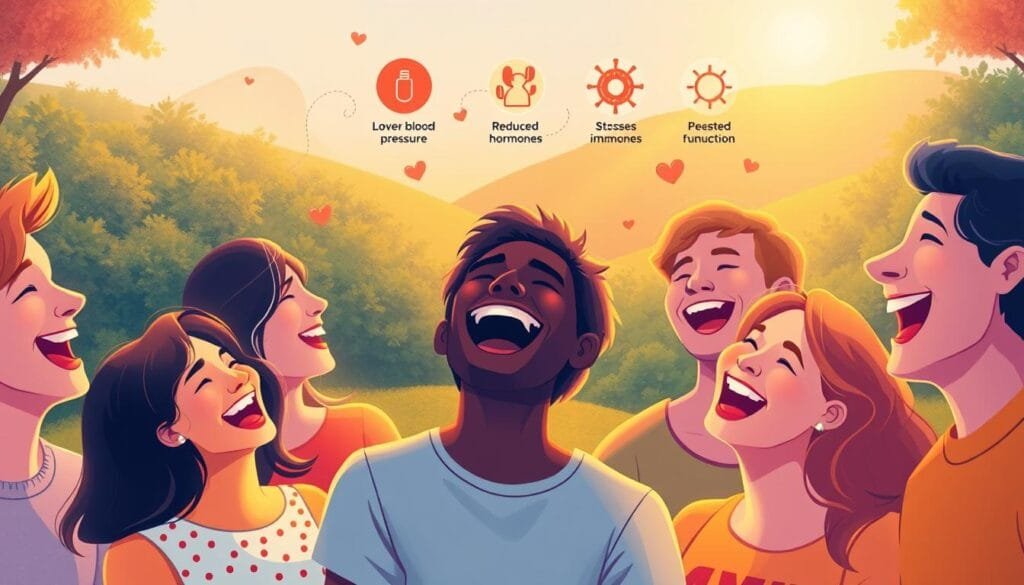 A vibrant, colorful illustration showcasing the healthy benefits of laughter. In the foreground, a group of diverse people laugh wholeheartedly, their faces lit by a warm, golden glow. Soft, diffused lighting creates a cozy, inviting atmosphere. In the middle ground, abstract shapes and symbols representing the physiological effects of laughter, such as lowered blood pressure, reduced stress hormones, and boosted immune function. The background features a lush, verdant landscape, suggesting the restorative, rejuvenating power of laughter. The overall composition conveys a sense of joy, well-being, and the profound impact of this universal human experience on our physical and mental health.