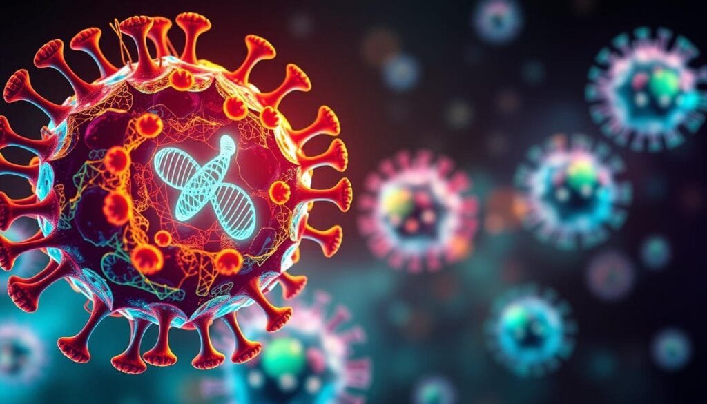 A vibrant, detailed illustration showcasing the structural complexity of viral genes. In the foreground, a magnified view of a virus particle, its intricate capsid shell rendered in a striking neon palette. Swirling within, the viral genome appears as a tightly coiled, luminescent strand, the essence of its genetic material. The middle ground depicts the virus interacting with host cells, the viral genes hijacking the cellular machinery to replicate. In the background, a hazy, abstract landscape of other viral particles, suggesting the ubiquity and diversity of these enigmatic entities. The scene is illuminated by a soft, directional light, creating depth and emphasizing the viral structures. Rendered with a photorealistic style that highlights the scientific fascination and visual allure of these mysterious biological entities.