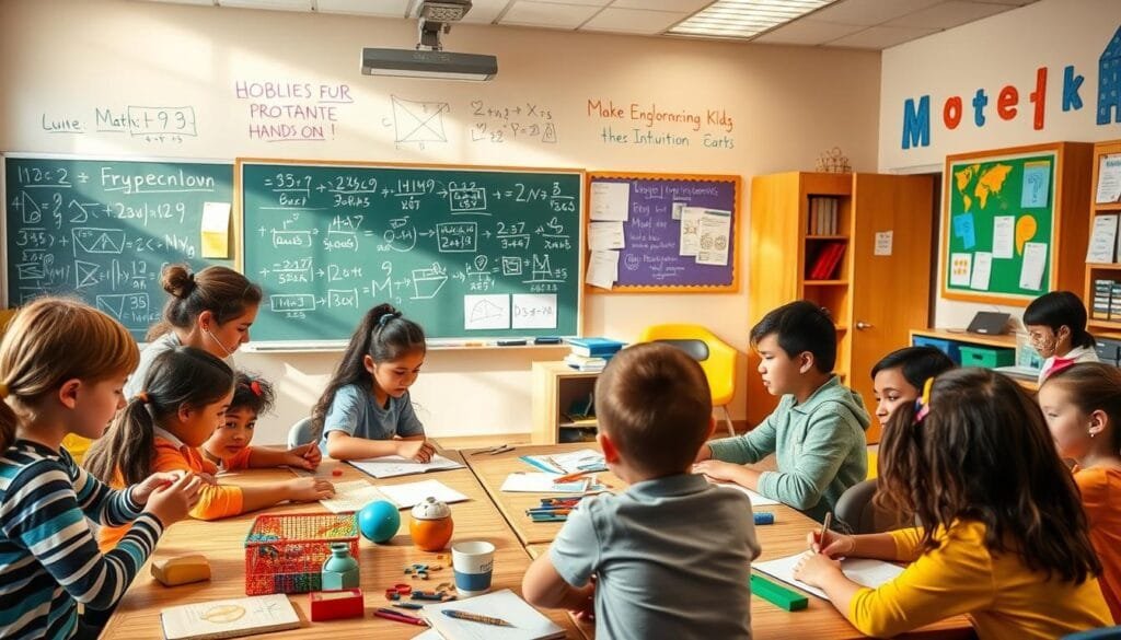 A vibrant, dynamic scene depicting the integration of traditional mathematical methods with intuitive, hands-on learning strategies. In the foreground, a diverse group of students engage in collaborative activities, using physical manipulatives, visual aids, and interactive digital tools to explore mathematical concepts. The middle ground features a chalkboard or digital whiteboard displaying a blend of symbolic representations, step-by-step problem-solving, and intuitive diagrams. In the background, a warm, inviting classroom environment with natural lighting, inspirational wall displays, and a sense of exploration and discovery. The overall mood is one of engaged learning, creativity, and the seamless blending of time-honored techniques with innovative, intuitive approaches to mathematics.