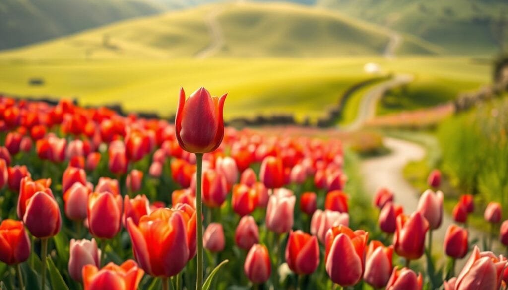 A vibrant field of tulips in the Dutch countryside, their petals unfurling in a spectrum of hues from brilliant red to soft pink. In the foreground, a single tulip bud stands tall, its elegant silhouette capturing the essence of the iconic Turkish flower. The middle ground features a lush, verdant backdrop of rolling hills and a winding path, inviting the viewer to step into the scene. Soft, diffused natural light bathes the landscape, casting a warm, golden glow and creating a sense of tranquility. The composition is balanced and harmonious, reflecting the timeless beauty of this historical bloom that once captivated the world. A vibrant field of tulips in the Dutch countryside, their petals unfurling in a spectrum of hues from brilliant red to soft pink. In the foreground, a single tulip bud stands tall, its elegant silhouette capturing the essence of the iconic Turkish flower. The middle ground features a lush, verdant backdrop of rolling hills and a winding path, inviting the viewer to step into the scene. Soft, diffused natural light bathes the landscape, casting a warm, golden glow and creating a sense of tranquility. The composition is balanced and harmonious, reflecting the timeless beauty of this historical bloom that once captivated the world.
