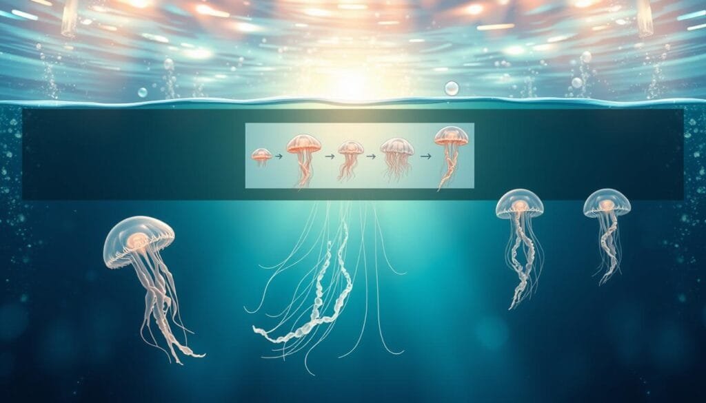 A vibrant, high-resolution image depicting the life cycle and rejuvenation process of the immortal jellyfish. In the foreground, a transparent, delicate medusa gracefully drifts, its tentacles undulating in a serene, underwater scene. In the middle ground, a detailed illustration showcases the medusa's transition from its polyp stage, through strobilation, to a newly formed, rejuvenated medusa. The background features a dreamlike, aquatic environment with shimmering light filtering through the water, creating a sense of wonder and natural enchantment. The image is rendered with a naturalistic, scientific illustration style, emphasizing the intricate details and delicate anatomy of the immortal jellyfish.