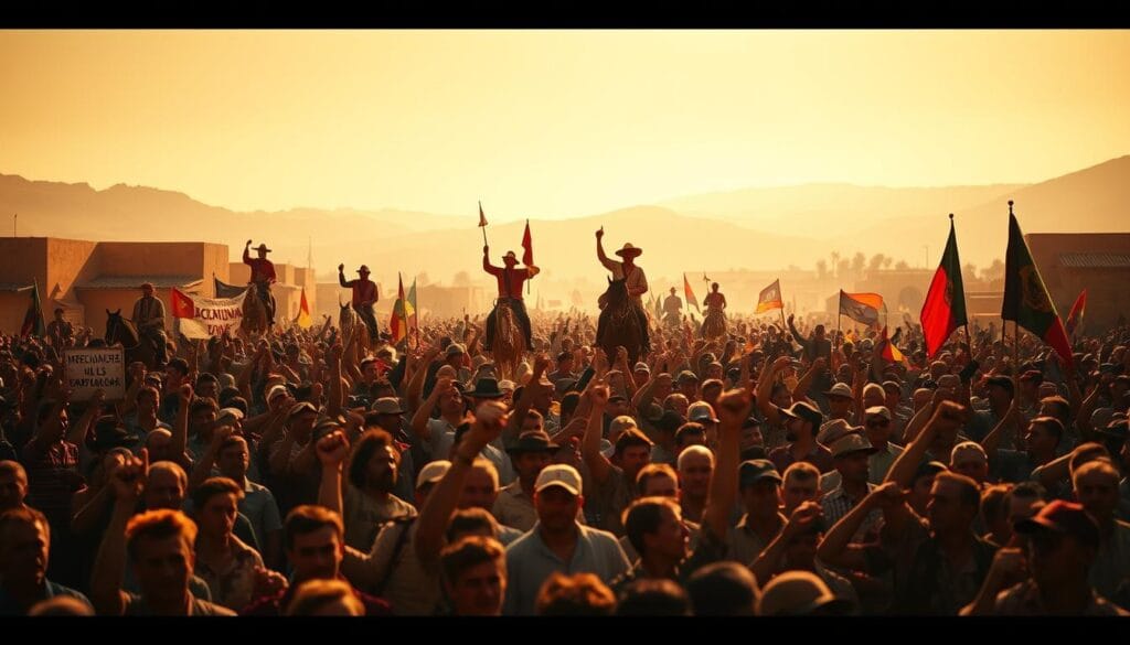 A vibrant, historical scene of the popular mobilization during the Plan de San Luis revolution in early 20th century Mexico. In the foreground, a large crowd of peasants and workers march with raised fists, carrying banners and flags. In the middle ground, horseback-riding revolutionaries lead the procession, their faces determined. In the background, the hazy silhouettes of adobe buildings and mountains suggest the rural setting. The lighting is dramatic, with warm hues casting long shadows across the scene, conveying a sense of energy and struggle. The overall composition evokes the spirit of a grassroots uprising that propelled Francisco Madero's rise to power. A vibrant, historical scene of the popular mobilization during the Plan de San Luis revolution in early 20th century Mexico. In the foreground, a large crowd of peasants and workers march with raised fists, carrying banners and flags. In the middle ground, horseback-riding revolutionaries lead the procession, their faces determined. In the background, the hazy silhouettes of adobe buildings and mountains suggest the rural setting. The lighting is dramatic, with warm hues casting long shadows across the scene, conveying a sense of energy and struggle. The overall composition evokes the spirit of a grassroots uprising that propelled Francisco Madero's rise to power.