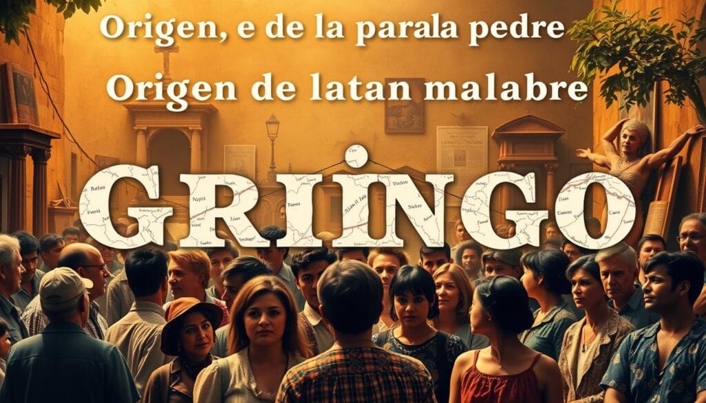 A vibrant, historically-inspired image depicting the "origen de la palabra gringo" in Latin America. The foreground shows a group of diverse people from different cultures and backgrounds, representing the melting pot of influences that contributed to the term's origins. In the middle ground, antique books, maps, and documents provide historical context, hinting at the complex linguistic and sociopolitical factors that gave rise to the word "gringo." The background features a rich, textured environment suggestive of a colonial-era setting, with architectural details and natural elements that evoke the region's heritage. Warm, golden lighting and a slightly hazy, nostalgic atmosphere imbue the scene with a sense of timelessness and introspection, inviting the viewer to contemplate the nuanced origins of this culturally significant term.