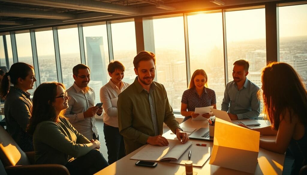 A vibrant, inspirational office environment with democratic leadership. In the foreground, a team of diverse employees collaborating on projects, their expressions focused and engaged. The middle ground features an open-plan workspace with sleek, minimalist furniture and natural lighting streaming in through large windows. In the background, a panoramic view of a bustling cityscape, symbolizing the progressive, forward-thinking nature of the organization. The lighting is warm and inviting, creating a sense of energy and optimism. The overall atmosphere conveys a sense of empowerment, camaraderie, and a shared vision for the company's future.