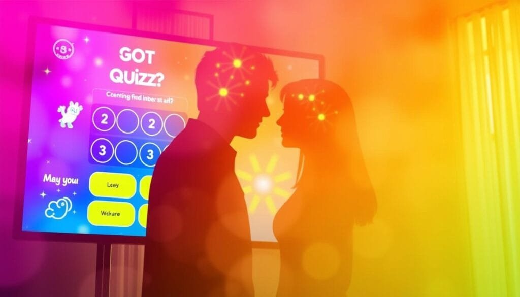 A vibrant, interactive quiz displayed on a large, colorful screen, set against a softly blurred, dreamlike background. The quiz interface features whimsical graphics and playful animations, drawing the viewer's attention to the central focus - the silhouette of two individuals, their auras glowing with a warm, soulful palette that radiates connection and harmony. Warm, diffused lighting bathes the scene, creating a sense of intimacy and introspection. The overall composition conveys a sense of wonder and discovery, inviting the viewer to engage with the quiz and uncover the hidden bonds between soulmates.