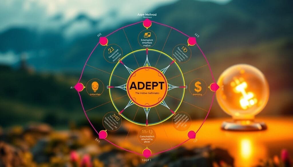 A vibrant, intricate diagram depicting the ADEPT method for intuitive mathematics. The foreground features a geometric composition of colorful shapes and symbols, representing the core principles of the ADEPT approach. The middle ground showcases a series of interactive visual elements, guiding the viewer through the step-by-step process. In the background, a softly blurred landscape evokes a sense of tranquility and thoughtfulness, complementing the intuitive nature of the subject matter. The lighting is warm and inviting, creating a welcoming atmosphere that encourages exploration and understanding of the ADEPT method. The overall composition conveys a harmonious balance between the conceptual and the visual, inviting the viewer to engage with the intuitive essence of mathematics.