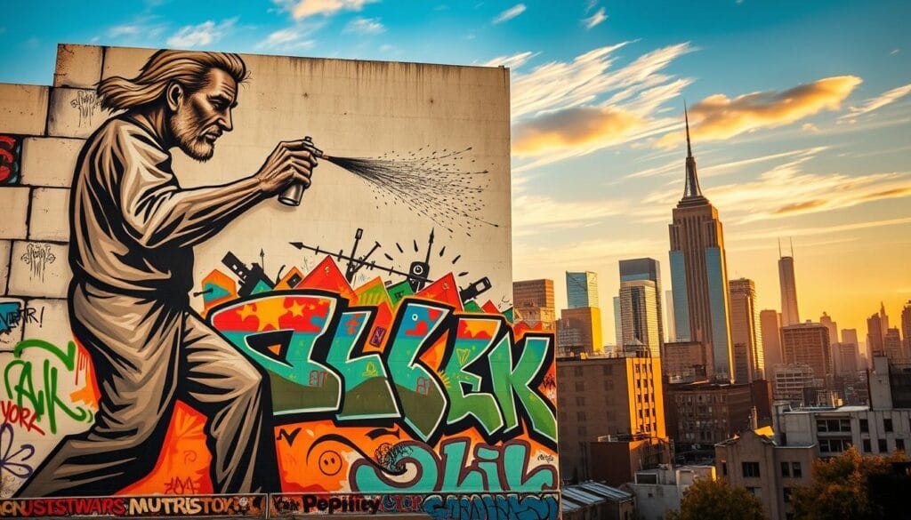 A vibrant mural depicting the evolution of graffiti art, spanning from the ancient walls of Pompeya to the gritty streets of New York City. In the foreground, a larger-than-life figure wielding a spray can, their movements captured in a dynamic, gestural style. The middle ground showcases a collage of colorful tags, stylized lettering, and abstract patterns, paying homage to the golden age of hip-hop and street art. In the background, the iconic skyline of New York City emerges, its towering skyscrapers and iconic landmarks serving as a backdrop to this visual narrative. The scene is bathed in warm, golden-hued lighting, evoking a sense of nostalgia and the timeless nature of this artform. The overall composition conveys the rich history, cultural significance, and enduring legacy of graffiti, from its humble beginnings to its global impact. A vibrant mural depicting the evolution of graffiti art, spanning from the ancient walls of Pompeya to the gritty streets of New York City. In the foreground, a larger-than-life figure wielding a spray can, their movements captured in a dynamic, gestural style. The middle ground showcases a collage of colorful tags, stylized lettering, and abstract patterns, paying homage to the golden age of hip-hop and street art. In the background, the iconic skyline of New York City emerges, its towering skyscrapers and iconic landmarks serving as a backdrop to this visual narrative. The scene is bathed in warm, golden-hued lighting, evoking a sense of nostalgia and the timeless nature of this artform. The overall composition conveys the rich history, cultural significance, and enduring legacy of graffiti, from its humble beginnings to its global impact.