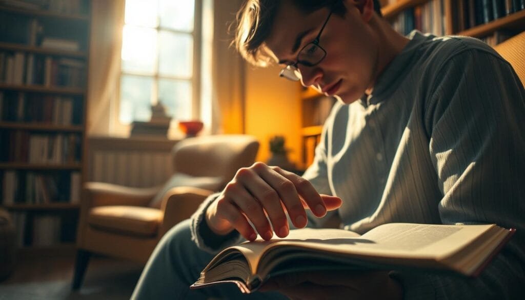 A vibrant scene of active reading, with a person deeply immersed in a book, their fingertips gently tracing the pages as if to absorb the knowledge within. The lighting is warm and cozy, casting a soft glow that envelops the reader, creating a sense of tranquility and focus. The background is a serene, book-filled study, with shelves lining the walls and a comfortable armchair inviting the reader to delve further into the world of the text. The camera angle is slightly elevated, giving a sense of intimacy and allowing the viewer to witness the transformative power of this "active reading" experience.