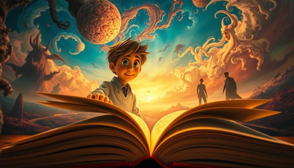A vibrant, surreal scene of a book character emerging from the pages, deep in dialogue with the reader's thoughtful mind. In the foreground, the character appears lifelike, their expression intrigued as they listen intently. The reader's face is obscured, conveying a sense of introspection. The background is a dreamlike landscape, blending elements of the book's setting with the reader's inner world - swirling colors, abstract shapes, and faint silhouettes of other characters. Soft, warm lighting illuminates the scene, creating an intimate, contemplative atmosphere. Captured with a wide-angle lens to emphasize the connection between the character and the reader's consciousness.