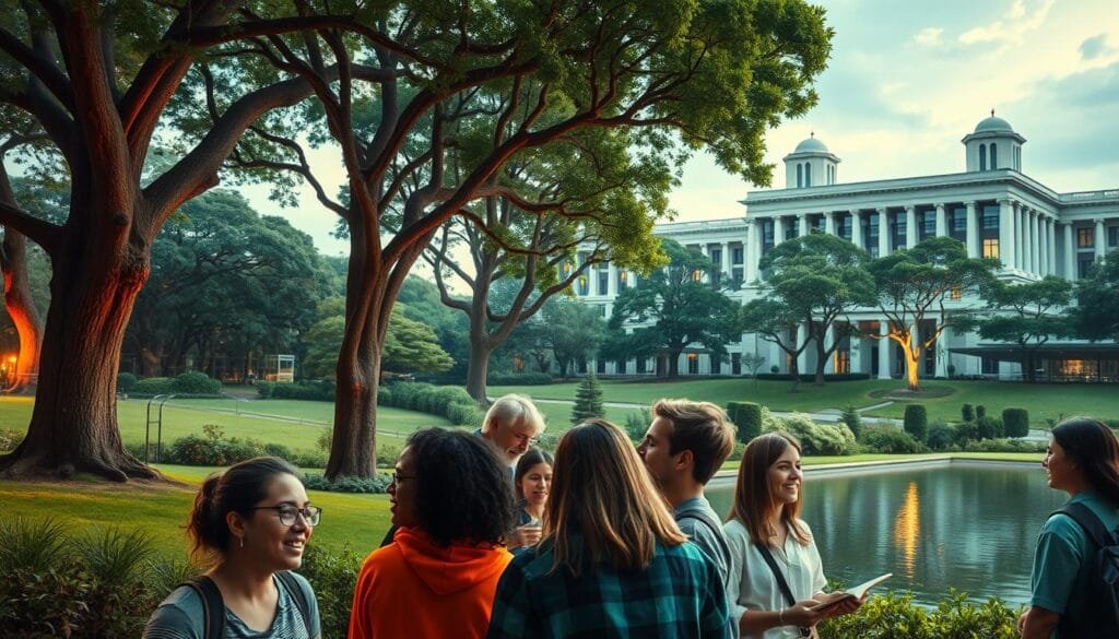 A vibrant, thought-provoking scene depicting the intersection of education and creative thinking. In the foreground, a group of diverse students engaged in animated discussions, their faces alight with the spark of new ideas. Surrounding them, a lush, verdant landscape with towering trees and a serene, reflective pool, suggesting the fertile ground for the cultivation of knowledge and imagination. Soft, diffused lighting filters through the canopy, casting a warm, contemplative glow over the scene. In the background, a magnificent, modern university building stands as a symbol of the institutions nurturing this creative process. The overall atmosphere conveys a sense of wonder, discovery, and the boundless potential of the human mind.