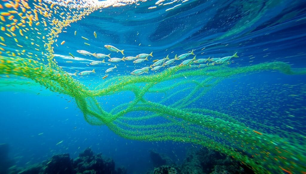 A vibrant underwater scene showcasing the intricate interplay between phytoplankton and ocean coloration. In the foreground, a swirling tapestry of microscopic plankton organisms, their vibrant hues of green, blue, and gold shimmering under the natural sunlight filtering through the water. In the middle ground, a school of small, iridescent fish dart among the plankton, their scales reflecting the changing colors. In the background, the vast expanse of the ocean fades into shades of deep indigo and azure, the depths hinting at the hidden wonders of the marine ecosystem. Captured with a wide-angle lens to emphasize the scale and grandeur of this dynamic, living seascape.