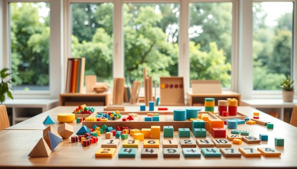 A vibrant, well-lit classroom scene with an array of Montessori-style sensory math materials arranged on a wooden table. The foreground features geometric shapes, counting beads, and textured number tiles, inviting the viewer to interact with them. The middle ground showcases a variety of hands-on manipulatives, such as fraction rods, number boards, and blocks of varying colors and sizes. In the background, a serene window overlooking a lush, verdant landscape creates a calming, immersive atmosphere. The overall composition conveys a sense of tactile exploration, sensory engagement, and the intuitive understanding of mathematical concepts.