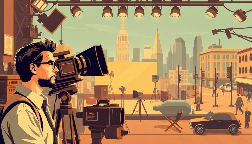 A vintage-style illustration depicting the historical context and background of a film production. The foreground shows a filmmaker with a vintage movie camera, surrounded by classic film equipment and props. The middle ground features a backdrop of a classic film studio set, with lighting rigs, cameras, and a director's chair. The background showcases a cityscape from the era, with skyscrapers, automobiles, and pedestrians, conveying the cultural and social milieu of the time period. The lighting is warm and nostalgic, with a sepia-toned color palette, evoking a sense of timelessness and the bygone era of early cinema.