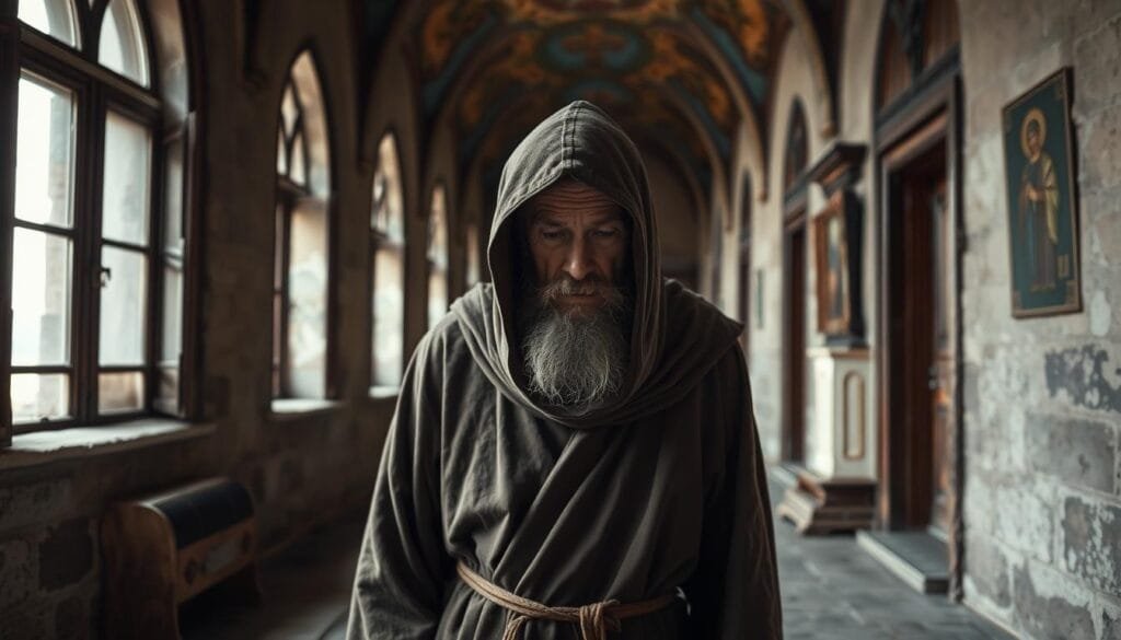A wandering Orthodox monk ambles through the cloisters of a remote Russian monastery, his weathered face framed by a tattered cowl. Soft, diffused light filters through arched windows, casting a serene, contemplative atmosphere. The monk's robes billow gently as he treads the worn stone floors, his gaze downcast in deep meditation. The background is filled with the muted grandeur of the monastery's ornate architecture - vaulted ceilings, gilded icons, and weathered, centuries-old walls. An aura of timeless spirituality and the weight of centuries permeates the scene, evoking the mystical origins and solitary path of this wandering ascetic.