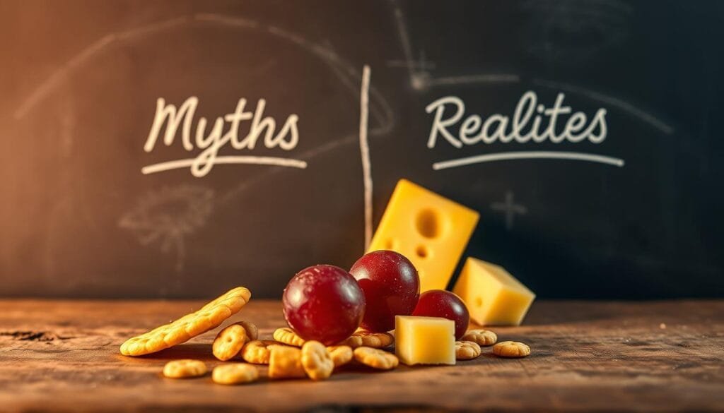 A warm, vibrant still life composition depicting the contrasting myths and realities surrounding the "5-second rule" for dropped food. In the foreground, a variety of appetizing morsels - a crisp cracker, a juicy grape, a savory cube of cheese - dramatically scattered across a rustic wooden surface. Behind them, a chalkboard backdrop emerges, its surface elegantly divided to showcase the "Myths" and "Realities" of this common household dilemma, rendered in a classic cursive script. Soft, diffused lighting casts gentle shadows, evoking an intimate, contemplative atmosphere. The scene conveys a sense of playful curiosity, inviting the viewer to ponder the science and psychology behind this familiar kitchen conundrum.