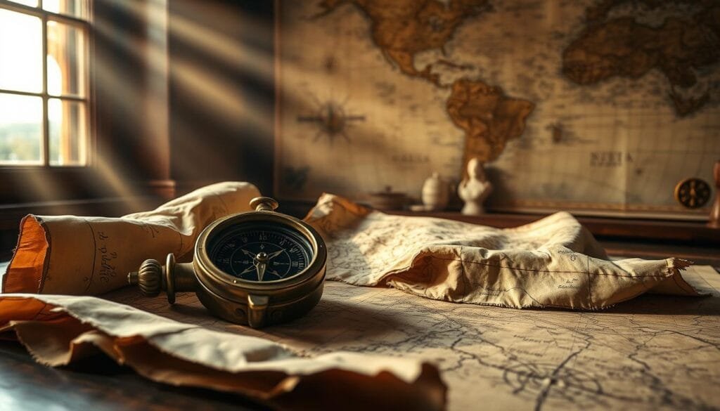 A weathered ship's compass, its brass casing worn by time, rests upon a table. Surrounding it, ancient nautical charts and parchments unfurl, their faded markings hinting at forgotten voyages. Beams of soft, golden light filter in through a nearby window, casting a warm glow over the scene. In the background, a large world map hangs on the wall, its contours tracing the paths of legendary explorers. This image captures the enduring legacy of ancient navigation techniques, their influence still felt in the modern practice of seafaring.