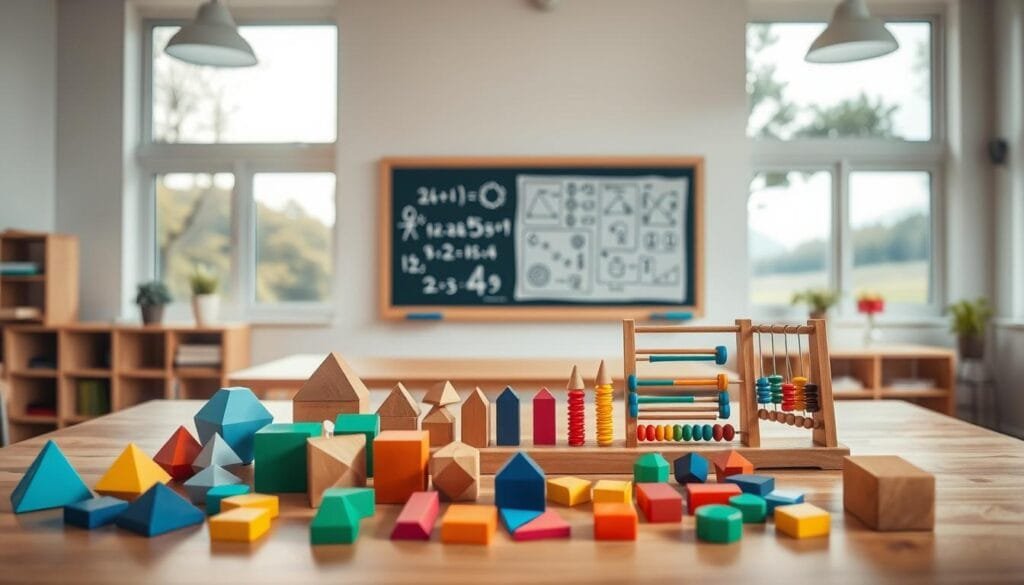 A well-lit classroom setting, featuring a variety of intuitive math teaching materials arranged on a wooden desk. In the foreground, colorful geometric shapes, number blocks, and abacuses invite hands-on exploration. In the middle ground, a chalkboard or whiteboard displays simple mathematical concepts illustrated with diagrams. The background depicts a serene, natural landscape visible through large windows, suggesting a calm and contemplative atmosphere conducive to understanding math intuitively. Soft, diffused lighting creates a warm, inviting ambiance, encouraging a sense of wonder and discovery.
