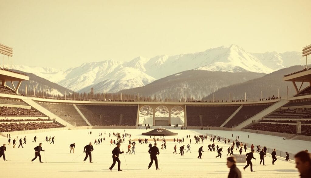A winter sports arena from the 1924 Winter Olympics, captured in a vintage photograph-style image. The foreground features athletes competing in cross-country skiing, ski jumping, and speed skating, their movements frozen in time. The middle ground showcases the architectural details of the stadium, with arched entryways and spectator stands. In the background, towering snow-capped mountains create a dramatic, picturesque landscape. The lighting is soft and natural, with a sepia-toned palette that evokes the historical feel of the early 20th century. The overall atmosphere conveys the pioneering spirit and excitement of these inaugural Winter Games. A winter sports arena from the 1924 Winter Olympics, captured in a vintage photograph-style image. The foreground features athletes competing in cross-country skiing, ski jumping, and speed skating, their movements frozen in time. The middle ground showcases the architectural details of the stadium, with arched entryways and spectator stands. In the background, towering snow-capped mountains create a dramatic, picturesque landscape. The lighting is soft and natural, with a sepia-toned palette that evokes the historical feel of the early 20th century. The overall atmosphere conveys the pioneering spirit and excitement of these inaugural Winter Games.