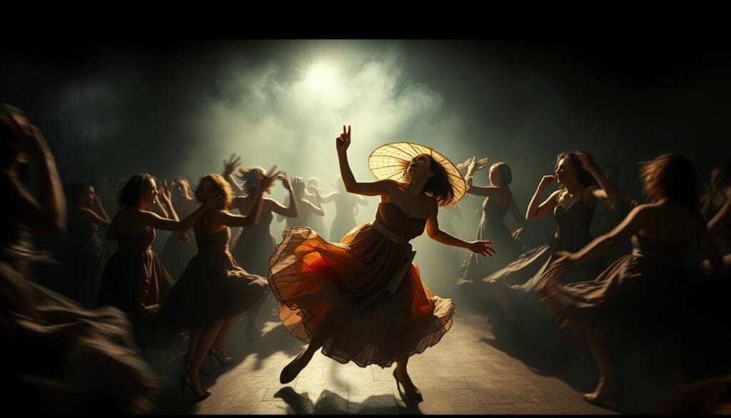 A woman in a frenzied trance, Frau Troffea, whirls and writhes amidst a swirling sea of bodies caught in the throes of an unnatural compulsive dance. The scene is bathed in an eerie, otherworldly light, casting ominous shadows that speak of a supernatural affliction. The background is shrouded in a hazy, dreamlike quality, hinting at the collective hysteria that has gripped the town. Figures in the distance sway and convulse, their movements erratic and unnatural, as if possessed by some unseen force. The overall mood is one of unsettling unease, capturing the essence of the "plague of dancing" that has descended upon this community. A woman in a frenzied trance, Frau Troffea, whirls and writhes amidst a swirling sea of bodies caught in the throes of an unnatural compulsive dance. The scene is bathed in an eerie, otherworldly light, casting ominous shadows that speak of a supernatural affliction. The background is shrouded in a hazy, dreamlike quality, hinting at the collective hysteria that has gripped the town. Figures in the distance sway and convulse, their movements erratic and unnatural, as if possessed by some unseen force. The overall mood is one of unsettling unease, capturing the essence of the "plague of dancing" that has descended upon this community.