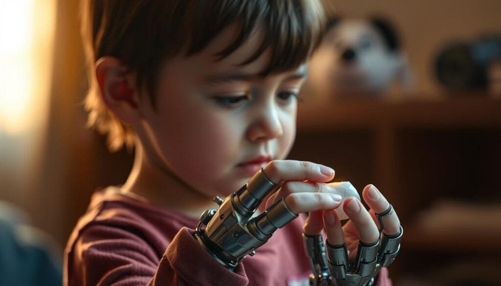 A young child, their hand reconstructed with a mechanical prosthetic, delicately manipulating an object with their newfound dexterity. The scene is bathed in a warm, contemplative light, casting a subtle glow on the child's face as they explore the possibilities of their altered anatomy. The background fades into a dreamlike, slightly blurred environment, allowing the viewer to focus on the central figure and their thoughtful expression. The image conveys a sense of wonder, adaptability, and the resilience of the human spirit in the face of physical limitations. A young child, their hand reconstructed with a mechanical prosthetic, delicately manipulating an object with their newfound dexterity. The scene is bathed in a warm, contemplative light, casting a subtle glow on the child's face as they explore the possibilities of their altered anatomy. The background fades into a dreamlike, slightly blurred environment, allowing the viewer to focus on the central figure and their thoughtful expression. The image conveys a sense of wonder, adaptability, and the resilience of the human spirit in the face of physical limitations.