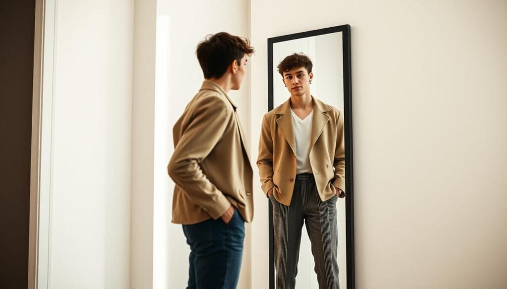 A young person standing in a well-lit, modern room, confidently examining their reflection in a full-length mirror. They are wearing a stylish, coordinated outfit that highlights their unique personal flair - a mix of classic and contemporary pieces that come together in a visually striking way. The lighting is soft and even, creating a sense of tranquility and self-assurance. The background is minimalist, allowing the subject to be the focal point, showcasing their newfound look and the care they've taken to achieve it.