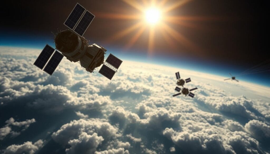 Advanced satellites in orbit, their intricate structures silhouetted against a vibrant, cloud-dappled sky. In the foreground, a sleek, solar-paneled satellite gently rotates, its precise instruments gathering data to determine its exact position. In the middle ground, a constellation of satellites link together, forming a sophisticated network that powers the global positioning system. The background reveals a tapestry of satellite trails, their paths tracing the vast expanse of the heavens, a testament to humanity's technological prowess. Crisp lighting accentuates the geometric forms and metallic surfaces, conveying a sense of futuristic sophistication. The scene evokes a mood of scientific advancement, with the satellites silently fulfilling their role in enabling our modern, interconnected world.