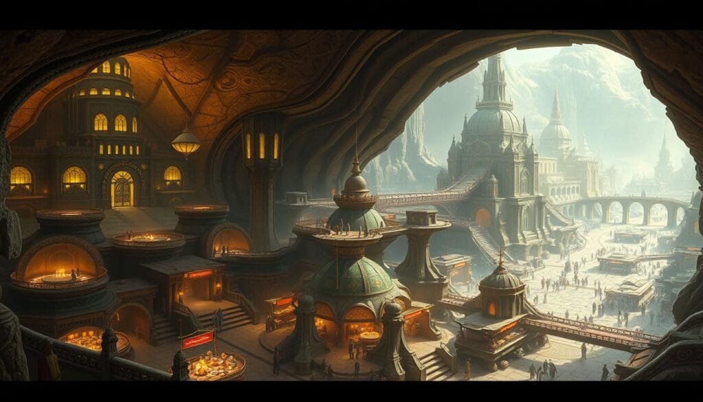 An advanced subterranean city, with towering spires and gleaming domes carved from luminescent rock. The foreground features a bustling marketplace, with vendors selling exotic wares in a maze of twisting, cobblestone streets. The middle ground showcases the city's infrastructure, with elevated walkways and transportation hubs connected by intricate bridges. In the background, the city's grandeur is revealed, with vast underground caverns filled with sprawling residential districts and grand, architectural marvels. Soft, ambient lighting bathes the scene in a warm, otherworldly glow, creating an atmosphere of mystery and wonder. Captured with a wide-angle lens to convey the sheer scale and magnificence of this hidden, subterranean civilization.