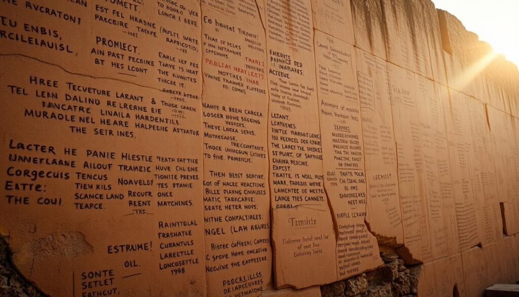 An ancient Pompeian wall, its surface marred by a cacophony of inscriptions - crude insults, passionate love declarations, and bold advertisements from the bustling streets of the bygone city. The sun casts a warm, golden glow, illuminating the weathered plaster and revealing the depth of history etched into its facade. The composition captures the essence of these primal, scrawled messages, conveying the vibrant, unrestrained spirit of life in Pompeii, preserved for centuries. Detailed textures, intricate patterns, and a sense of timeworn authenticity create an immersive visual experience, transporting the viewer to the heart of this captivating archaeological treasure. An ancient Pompeian wall, its surface marred by a cacophony of inscriptions - crude insults, passionate love declarations, and bold advertisements from the bustling streets of the bygone city. The sun casts a warm, golden glow, illuminating the weathered plaster and revealing the depth of history etched into its facade. The composition captures the essence of these primal, scrawled messages, conveying the vibrant, unrestrained spirit of life in Pompeii, preserved for centuries. Detailed textures, intricate patterns, and a sense of timeworn authenticity create an immersive visual experience, transporting the viewer to the heart of this captivating archaeological treasure.