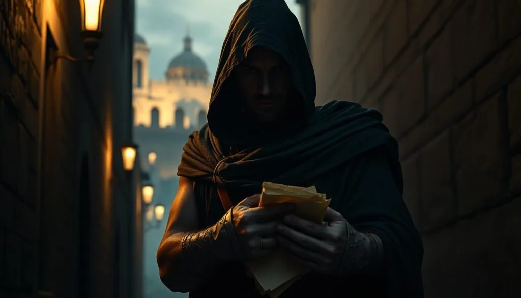 An ancient Roman intelligence officer cloaked in a dark hooded robe, his face partially obscured, stands vigilant in a dimly lit alleyway. The faint glow of torchlight casts flickering shadows, evoking a secretive, clandestine atmosphere. In the background, the towering walls of the Roman cityscape loom, hinting at the scale and power of the empire. The officer's posture is tense, alert, suggesting the gravity of his espionage duties. Hints of parchment and wax seals in his hands allude to the information he gathers, the knowledge that gives the empire its edge. This scene captures the origins of Rome's sophisticated intelligence network, the shadowy forces that enabled its expansionist ambitions. An ancient Roman intelligence officer cloaked in a dark hooded robe, his face partially obscured, stands vigilant in a dimly lit alleyway. The faint glow of torchlight casts flickering shadows, evoking a secretive, clandestine atmosphere. In the background, the towering walls of the Roman cityscape loom, hinting at the scale and power of the empire. The officer's posture is tense, alert, suggesting the gravity of his espionage duties. Hints of parchment and wax seals in his hands allude to the information he gathers, the knowledge that gives the empire its edge. This scene captures the origins of Rome's sophisticated intelligence network, the shadowy forces that enabled its expansionist ambitions.