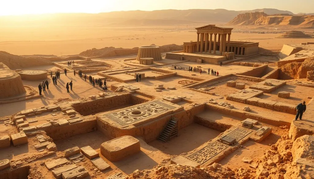 An expansive archaeological excavation at the ancient site of Nineveh, the former capital of the Assyrian Empire. In the foreground, a team of archaeologists carefully uncovers intricate stone carvings and cuneiform inscriptions, uncovering the rich cultural heritage buried for centuries. In the middle ground, towering mud-brick walls and the remains of grand palaces and temples emerge from the earth, hinting at the scale and splendor of this long-lost civilization. The background is framed by a dramatic desert landscape, with a warm, golden light illuminating the scene, lending an air of discovery and wonder. The atmosphere is one of reverence and scientific curiosity, as this significant archaeological find promises to shed new light on the history and legacy of the ancient Near East. An expansive archaeological excavation at the ancient site of Nineveh, the former capital of the Assyrian Empire. In the foreground, a team of archaeologists carefully uncovers intricate stone carvings and cuneiform inscriptions, uncovering the rich cultural heritage buried for centuries. In the middle ground, towering mud-brick walls and the remains of grand palaces and temples emerge from the earth, hinting at the scale and splendor of this long-lost civilization. The background is framed by a dramatic desert landscape, with a warm, golden light illuminating the scene, lending an air of discovery and wonder. The atmosphere is one of reverence and scientific curiosity, as this significant archaeological find promises to shed new light on the history and legacy of the ancient Near East.