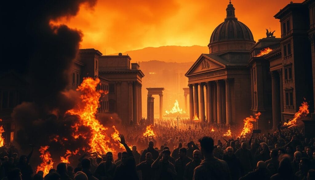 An intense scene of the Great Fire of Rome, ravaging the ancient city in the 1st century AD. In the foreground, flames engulf the crowded streets, thick smoke billowing upwards. Panicked citizens flee in all directions, their faces etched with terror. In the middle ground, grand Roman structures crumble under the relentless blaze, their ornate columns and domes collapsing. The background is obscured by an ominous orange glow, the horizon rimmed with the flickering light of the inferno. A somber, apocalyptic atmosphere pervades the scene, the chaos and destruction palpable. Dramatic, high-contrast lighting casts dramatic shadows, heightening the sense of drama and catastrophe.